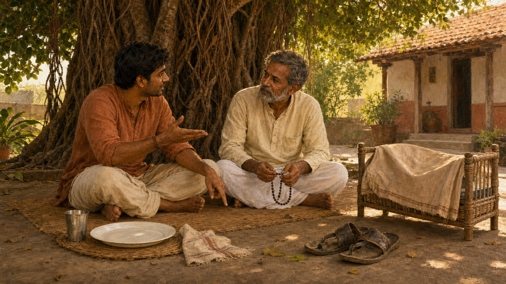 A mentor listens to a younger adult in a household courtyard beside objects representing food, family responsibilities, work, and spiritual practice.