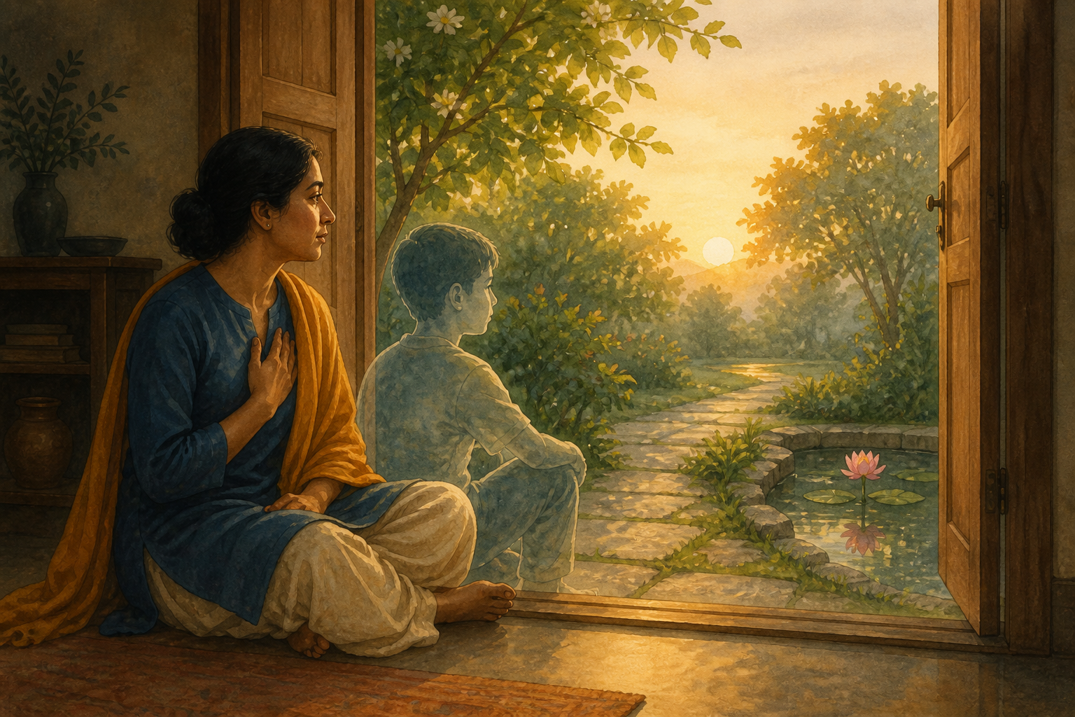An adult sits beside a childlike silhouette in an open doorway, looking toward a sunlit garden path and reflecting pool.