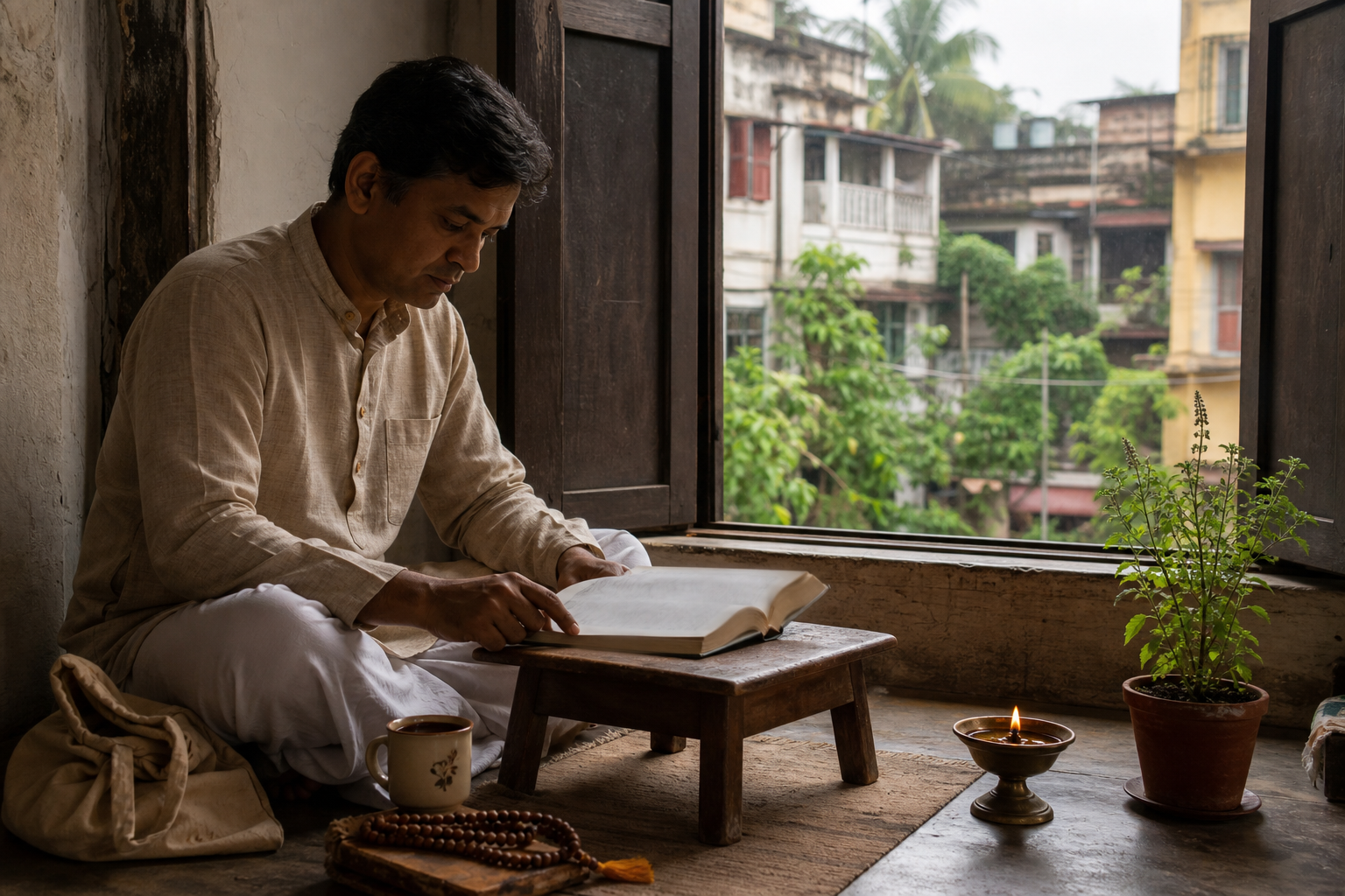 A person reads an open Bhagavad Gita beside a window in a modest Kolkata home, with prayer beads and a tulsi plant nearby.