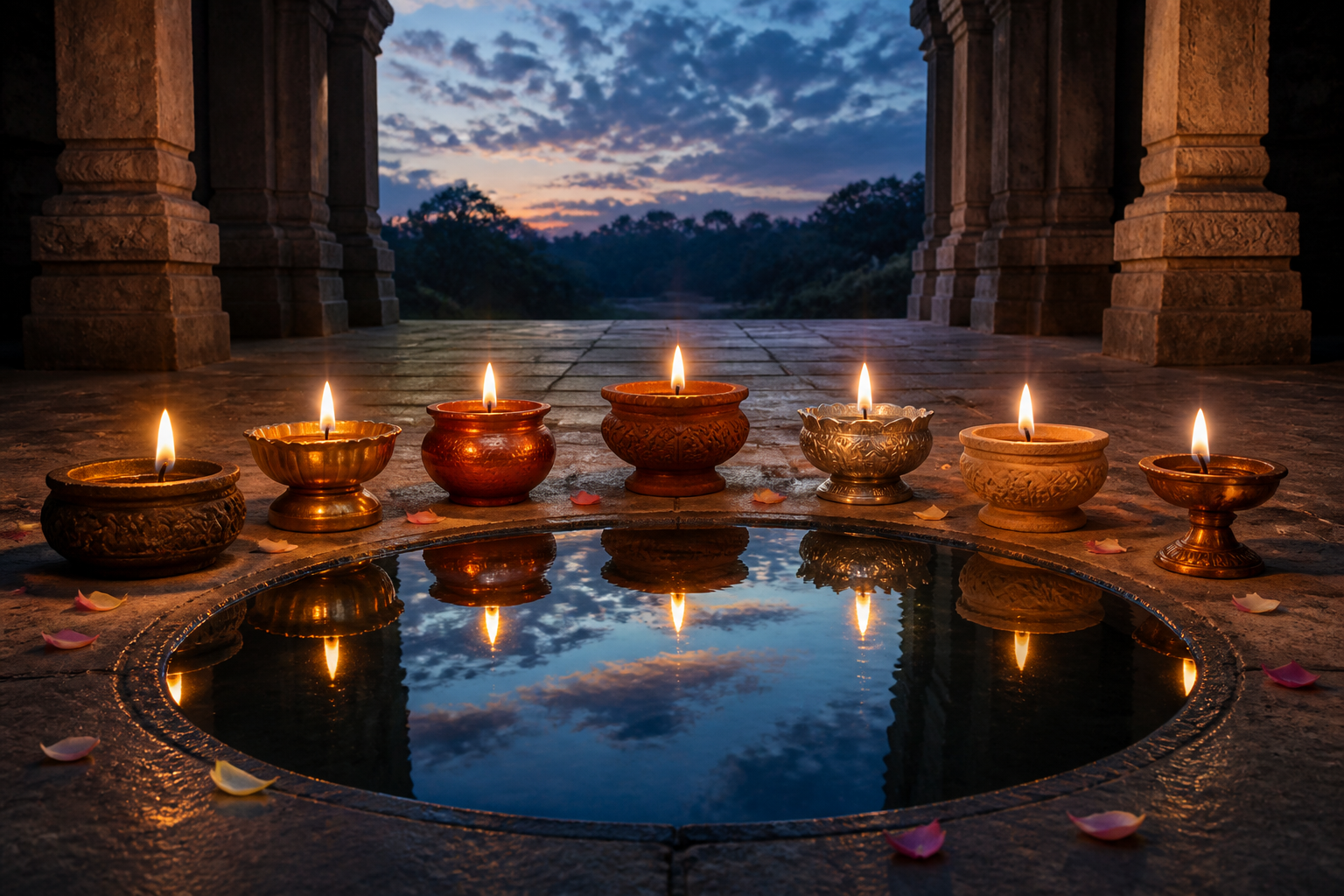Seven differently shaped oil lamps burn around a dark reflecting pool that mirrors their flames and the open evening sky.