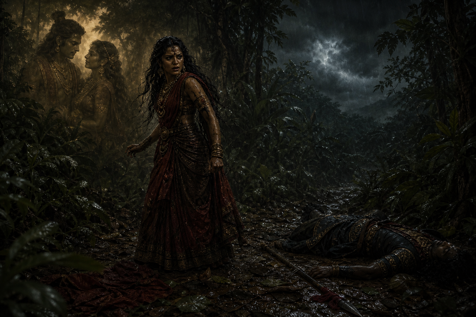 Surpanakha stands tensely in a rain-darkened forest clearing near her motionless warrior-husband and a fallen spear.