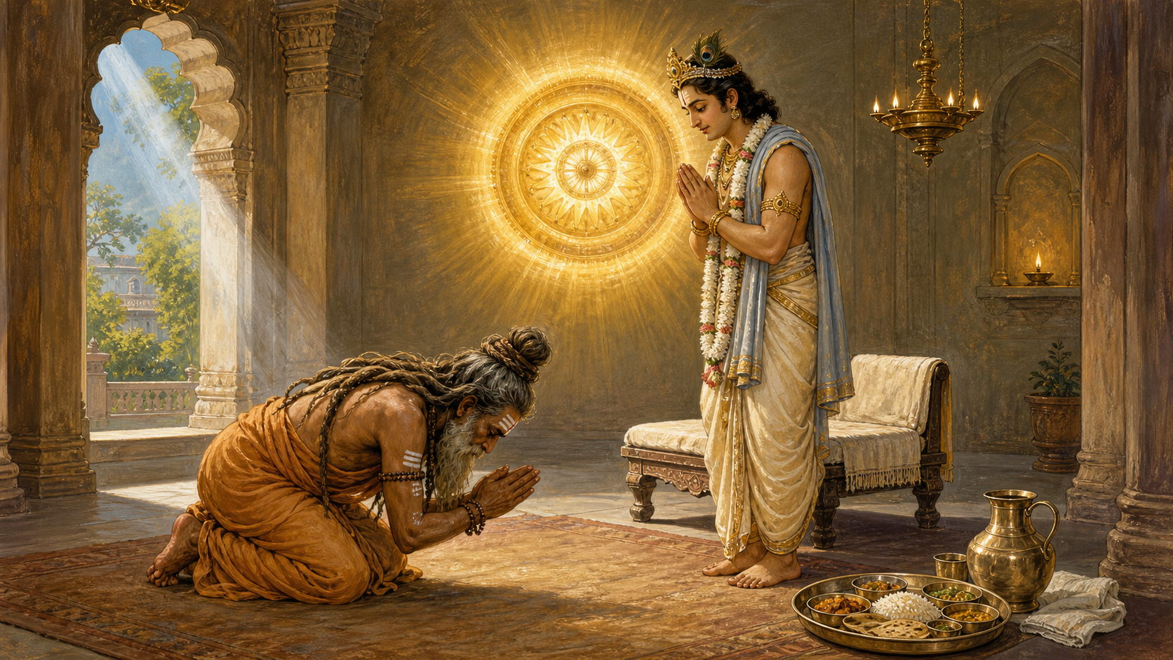 The ascetic Durvasa bows before King Ambarisha as the king folds his hands in prayer beneath a radiant golden Sudarshana disc.