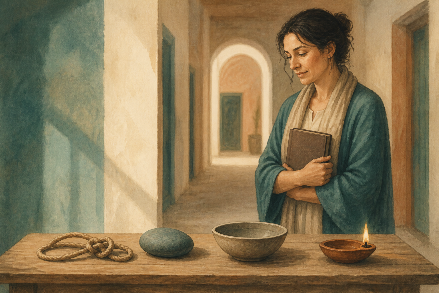 An adult observes a knotted cord, stone, empty bowl, and small lamp arranged on a table in a quiet hallway.