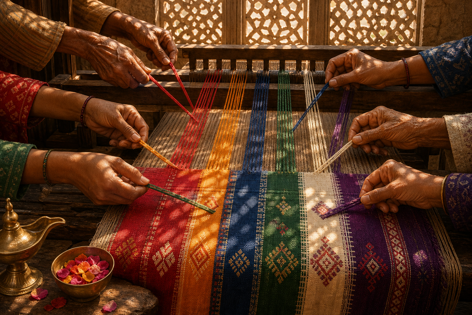 Several pairs of hands guide differently colored threads through a wooden handloom, forming a unified textile with distinct colored bands.