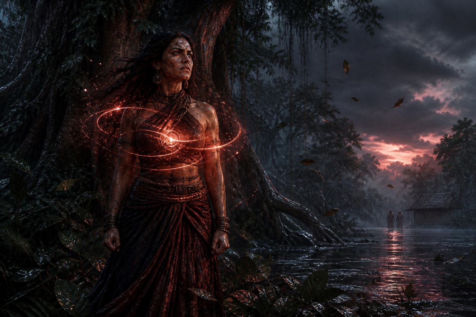 Surpanakha stands rigid beneath tropical trees as ember-colored light and wind-tossed leaves swirl around her in the twilight.