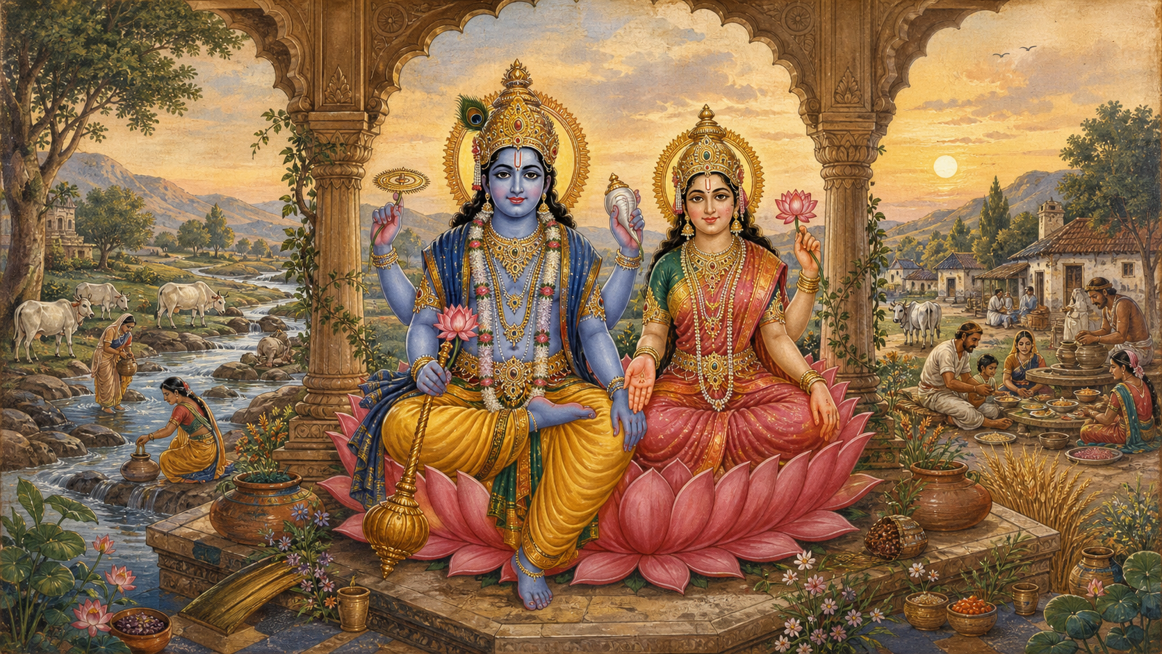 Lakshmi and Vishnu sit together in a stone pavilion overlooking water, crops, artisans, cattle, and families sharing food.
