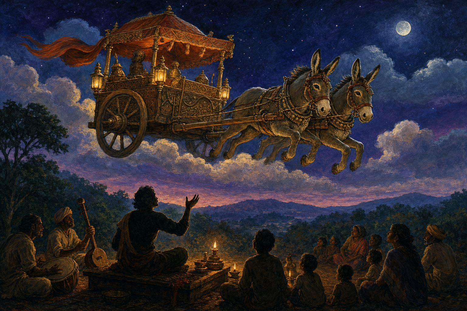 Two donkeys draw an ornate chariot through a twilight sky above an outdoor storytelling performance beside a forest.