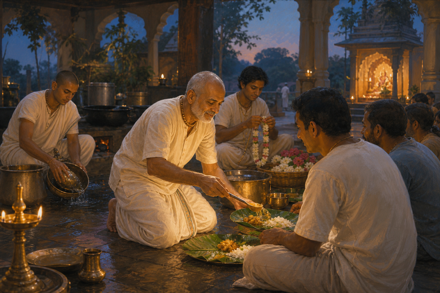 An elder devotee serves food to pilgrims while other devotees wash vessels and prepare a flower garland in a temple courtyard at dusk.