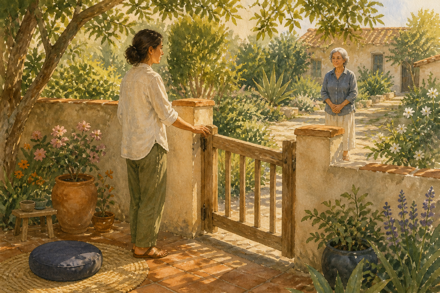 An adult closes a low garden gate while an older family member stands calmly on the path outside.