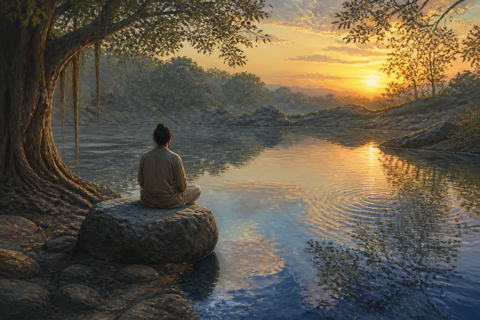 A seated figure observes a forest pool whose rippling surface reflects moving clouds and branches at dawn.