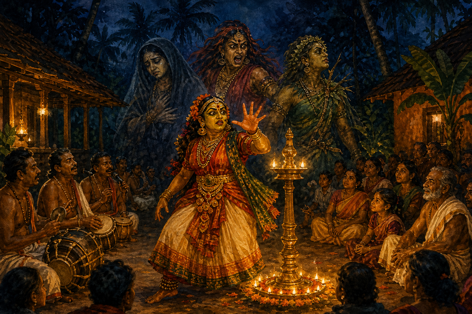 A Surpanakha performer gestures beside a brass oil lamp as musicians and a village audience gather in an open-air Kerala courtyard at night.