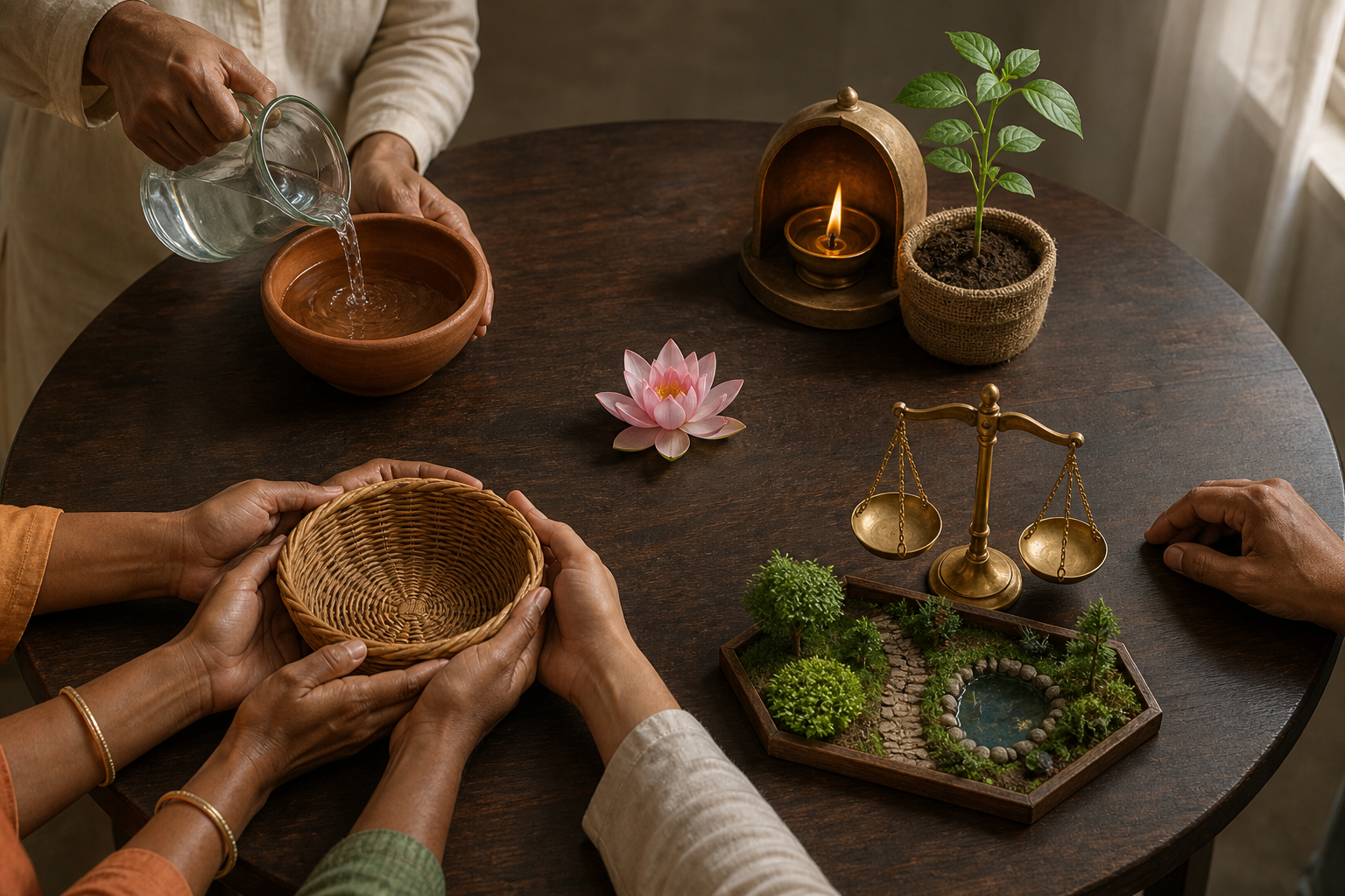 A hand considers four groups of objects on a round table, including clear water, a lamp and seedling, shared hands, and a balanced scale.