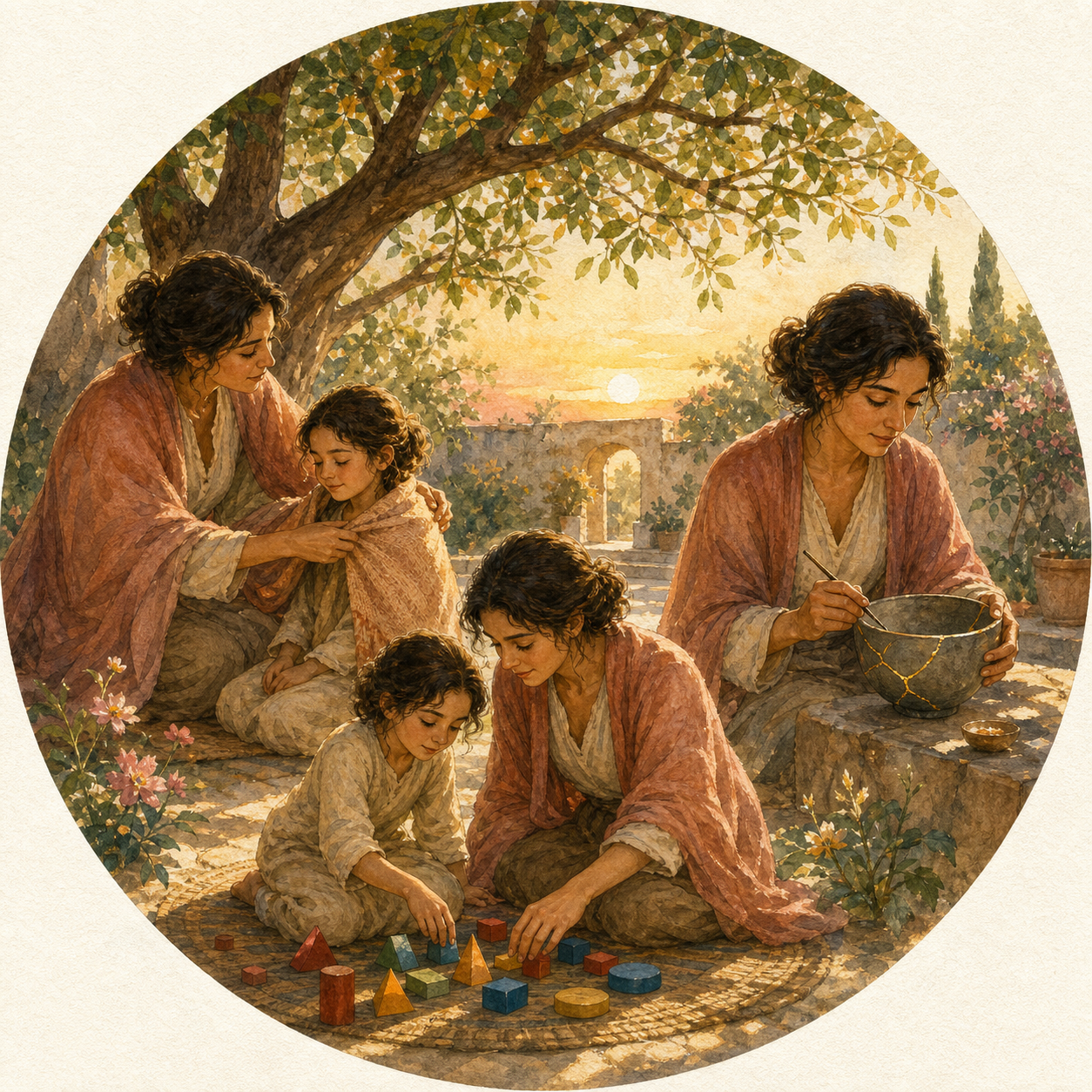 An adult comforts a child beneath a tree, plays with wooden shapes, and repairs a cracked ceramic bowl in a courtyard.