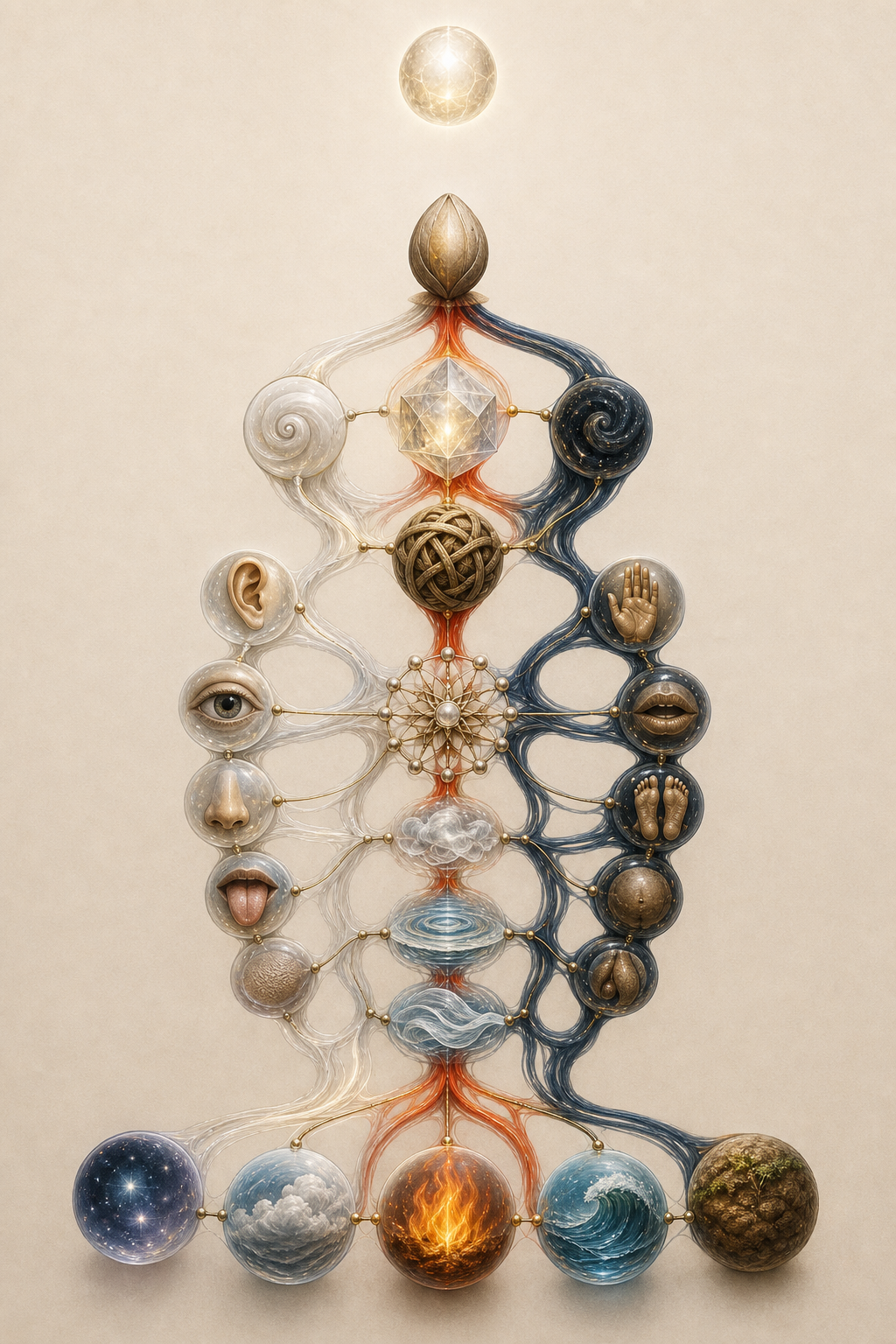 A separate glowing sphere overlooks twenty-four interconnected organic forms that unfold from three colored currents into mental, sensory, and elemental layers.