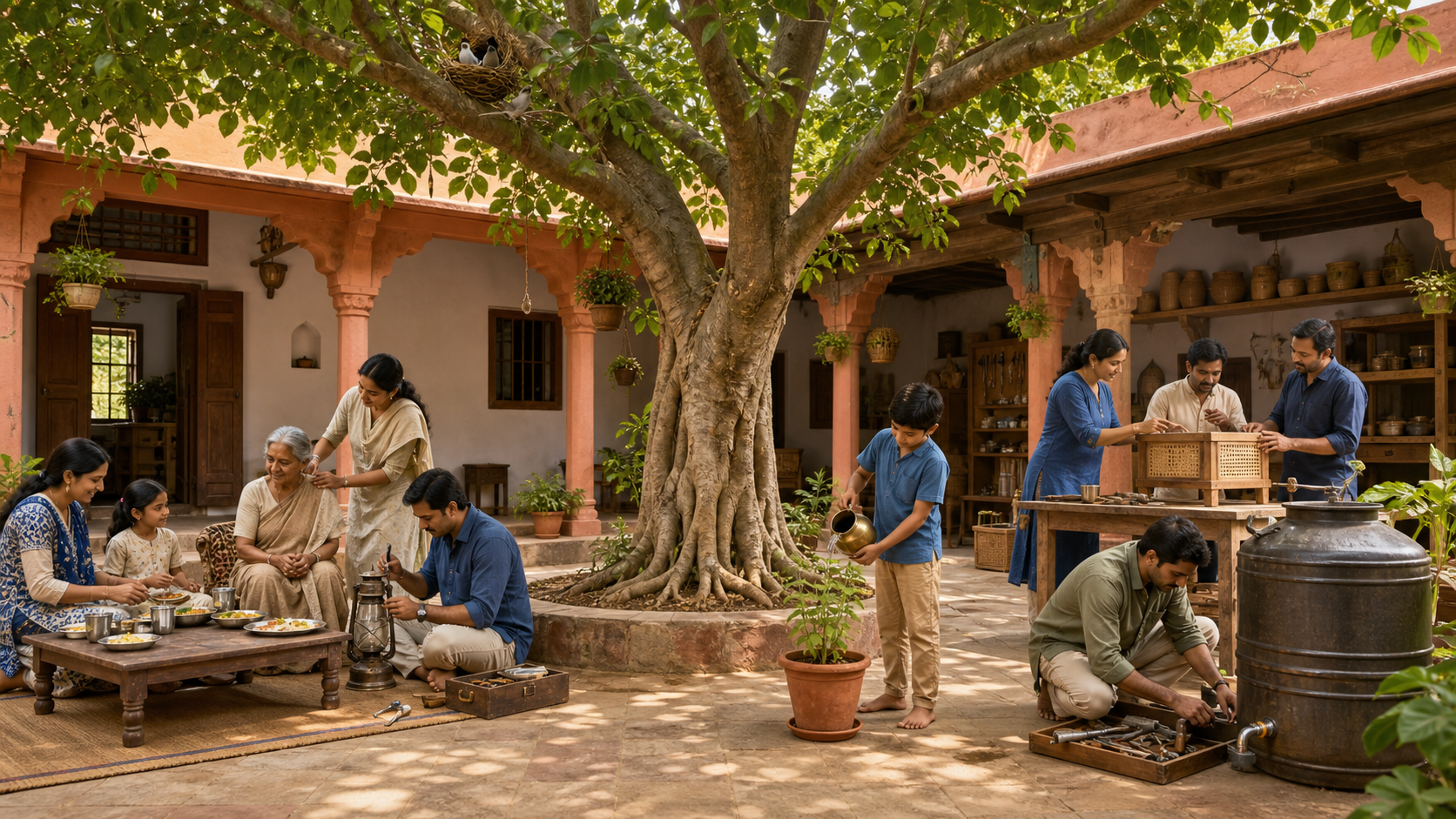 A family cares for one another and their home beside an orderly courtyard workshop where people maintain tools and work together.