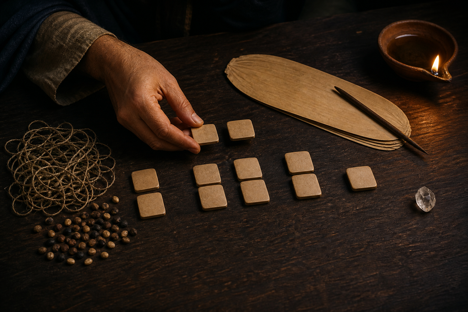A hand examines a sequence of unmarked clay pieces arranged from tangled materials to a clear crystal beside a lamp and blank folio.