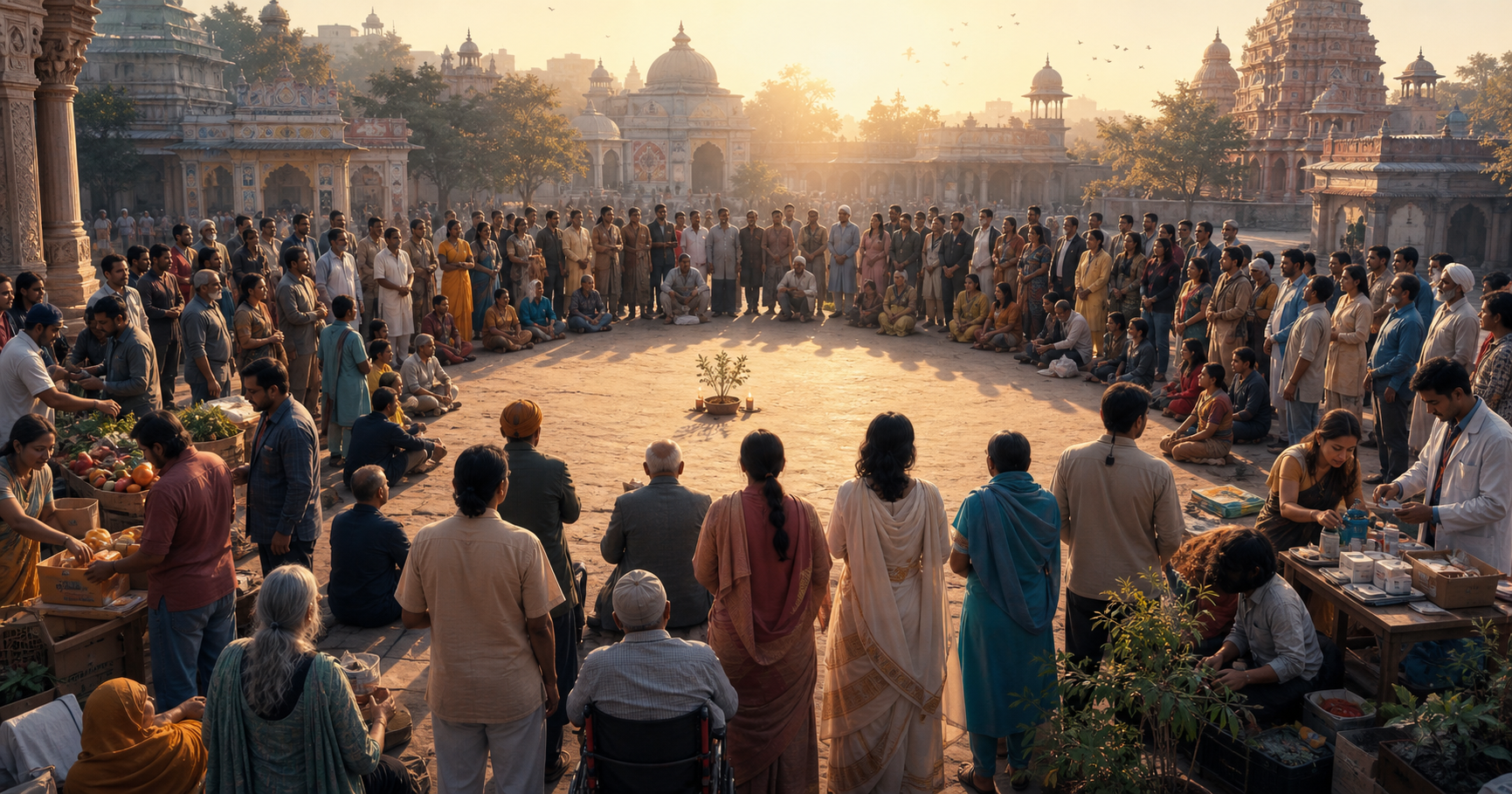 A diverse group of Indian citizens forms an open circle in a civic courtyard while volunteers arrange food, medical supplies, books, and saplings nearby.