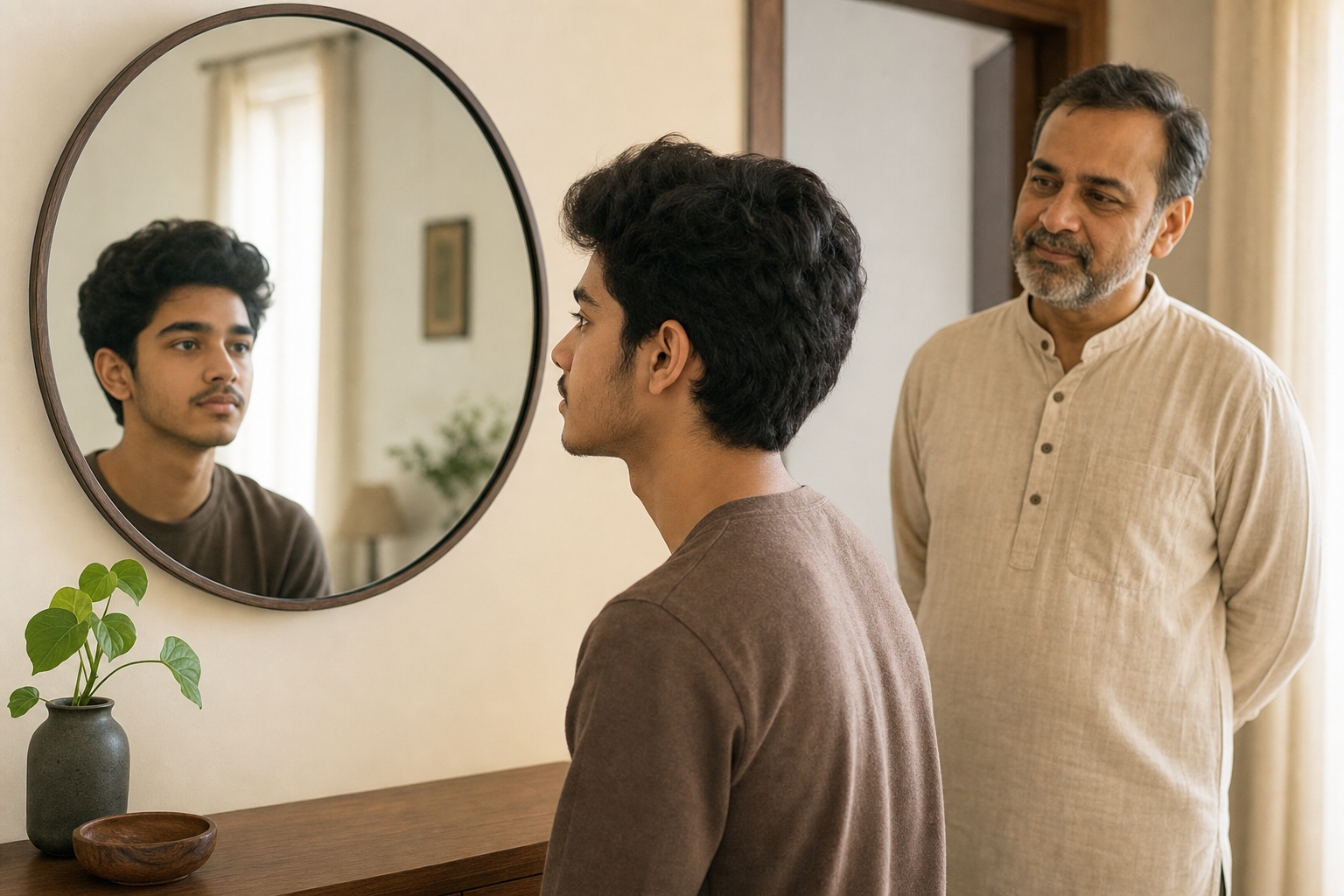 An adolescent with early facial hair looks into a mirror while an elder waits nearby in a softly lit home.