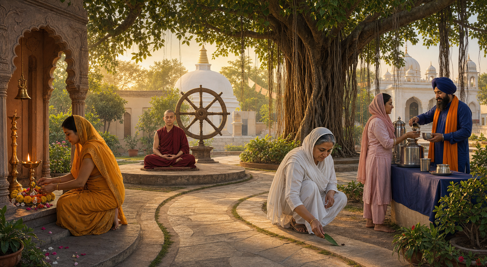 Practitioners in separate parts of a shared courtyard offer flowers, meditate, protect an insect, and serve water beneath a banyan tree.