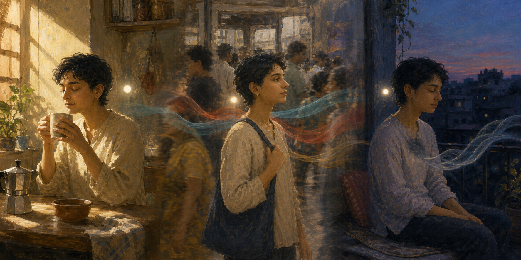 The same person observes bodily sensation, a busy public scene, and a fading emotional tension across morning, midday, and dusk.