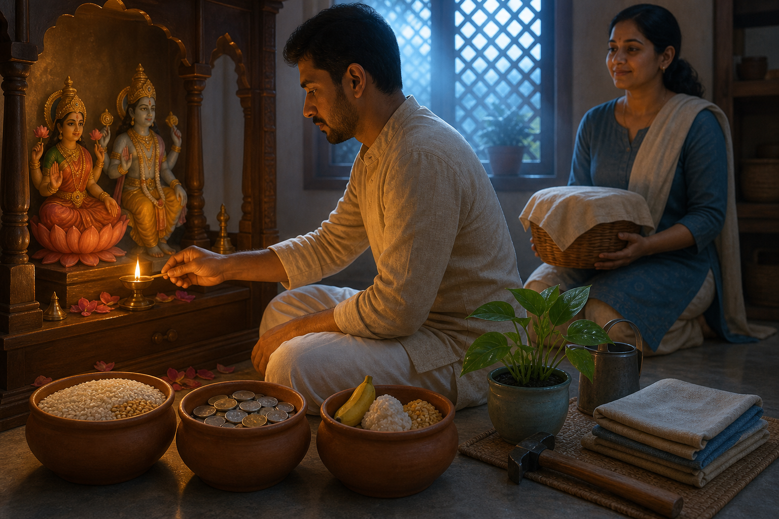 A person lights a brass lamp at a Lakshmi-Vishnu home shrine beside clay vessels, provisions, coins, a plant, and a basket prepared for giving.