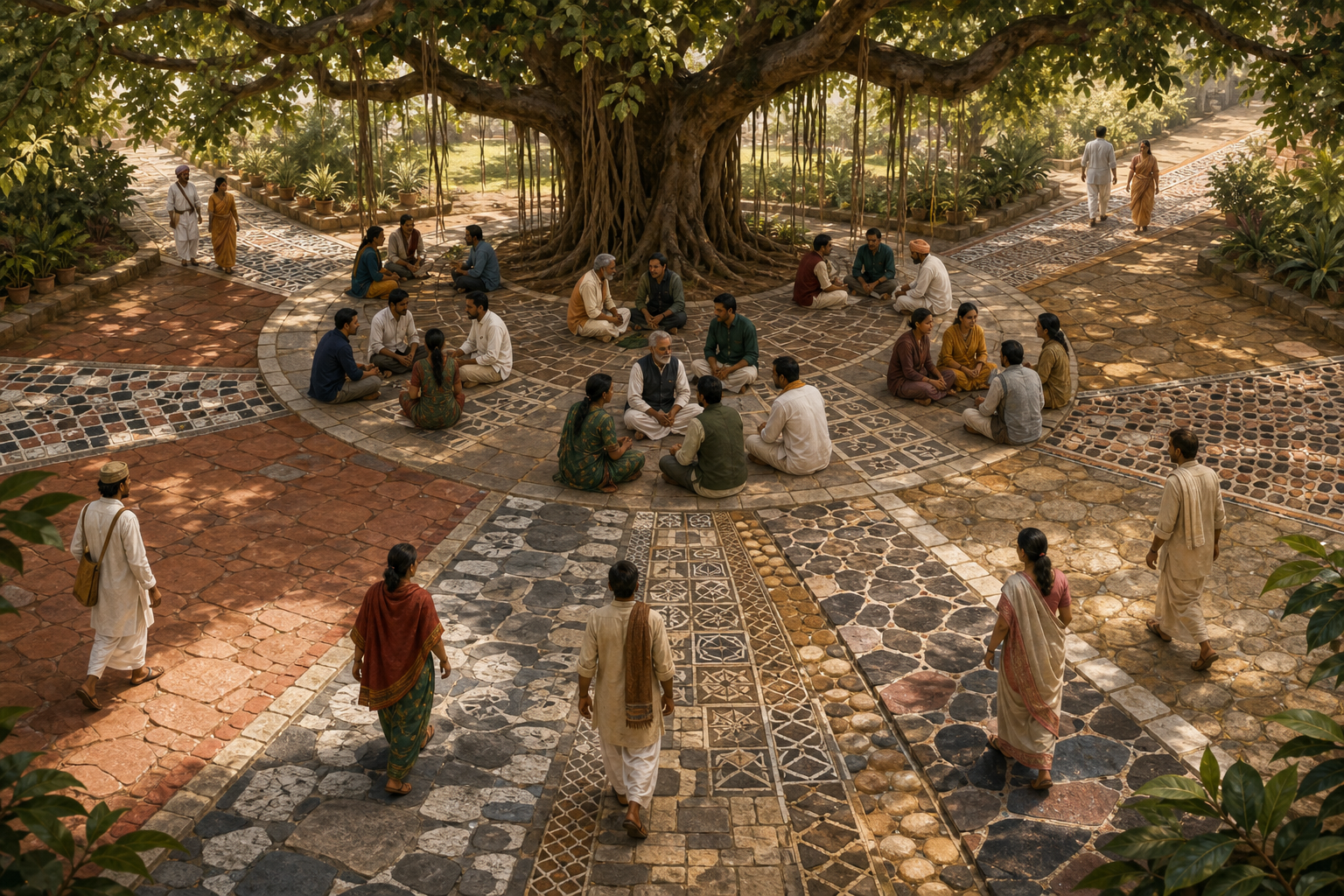 People from several pathways meet beneath a many-branched banyan tree in a circular courtyard while each path remains distinct.