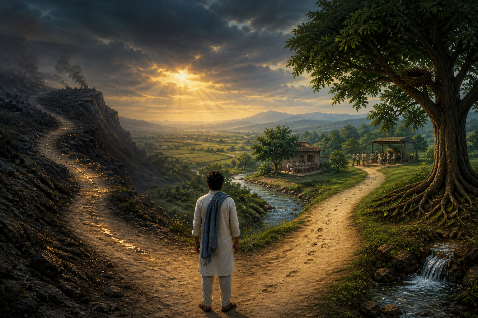 A person pauses where a glittering eroded path and a stable path toward homes, fields, and a workshop divide.