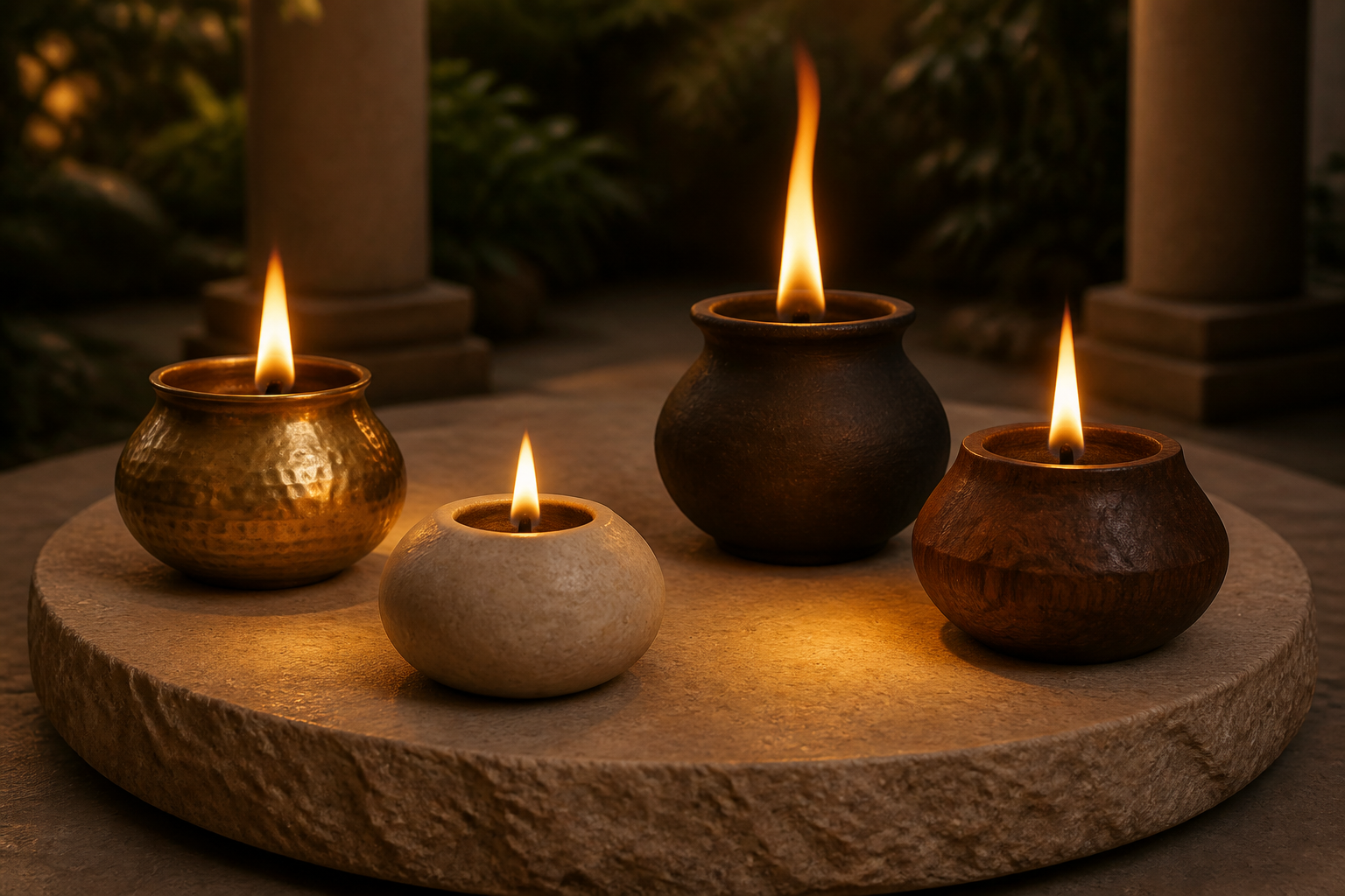 Four differently shaped brass, stone, clay, and wooden vessels hold separate flames on a circular sandstone platform.