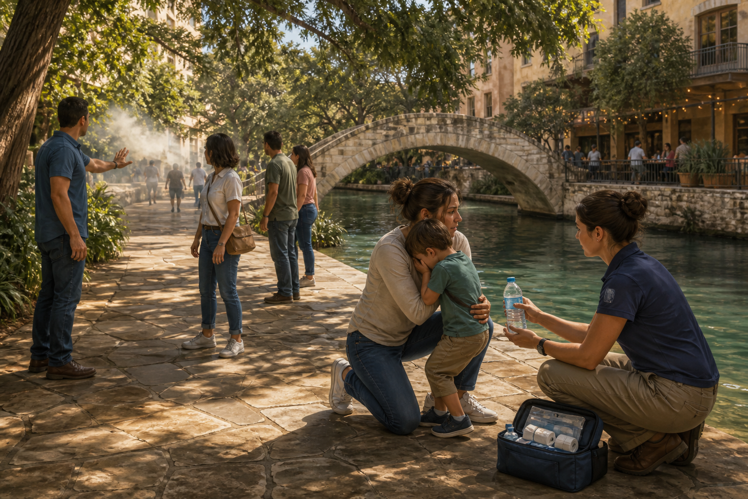 A parent carries a small child toward a first-aid helper on a riverside pedestrian walkway while bystanders create space nearby.