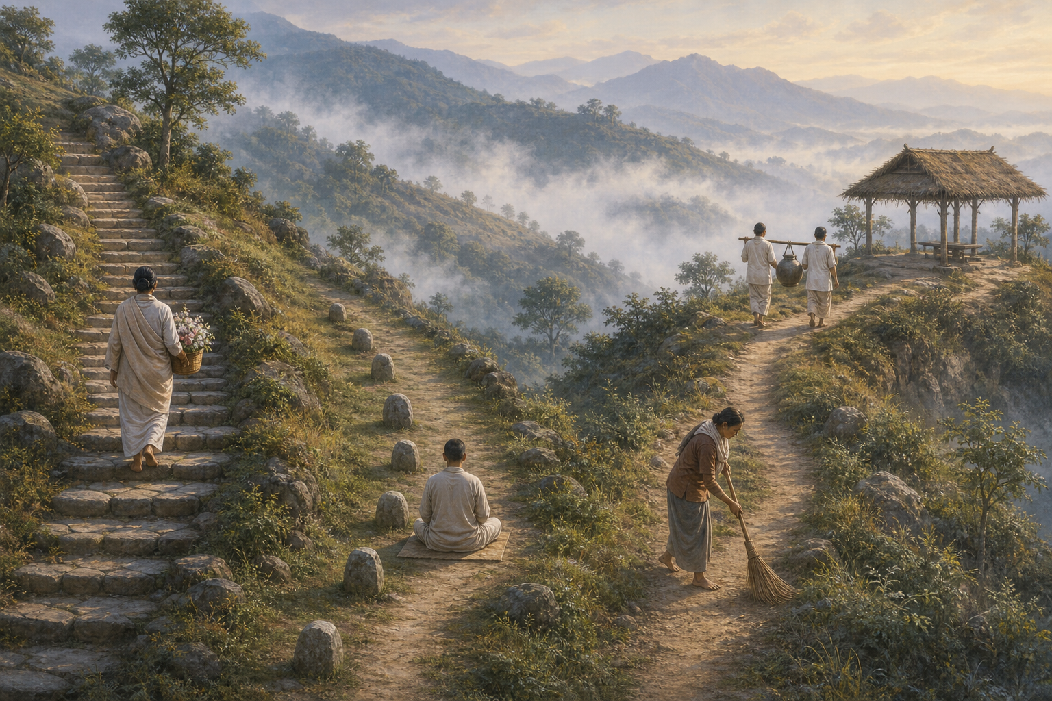 People follow separate mountain paths by climbing steps, meditating, walking carefully, and carrying water to a shelter.