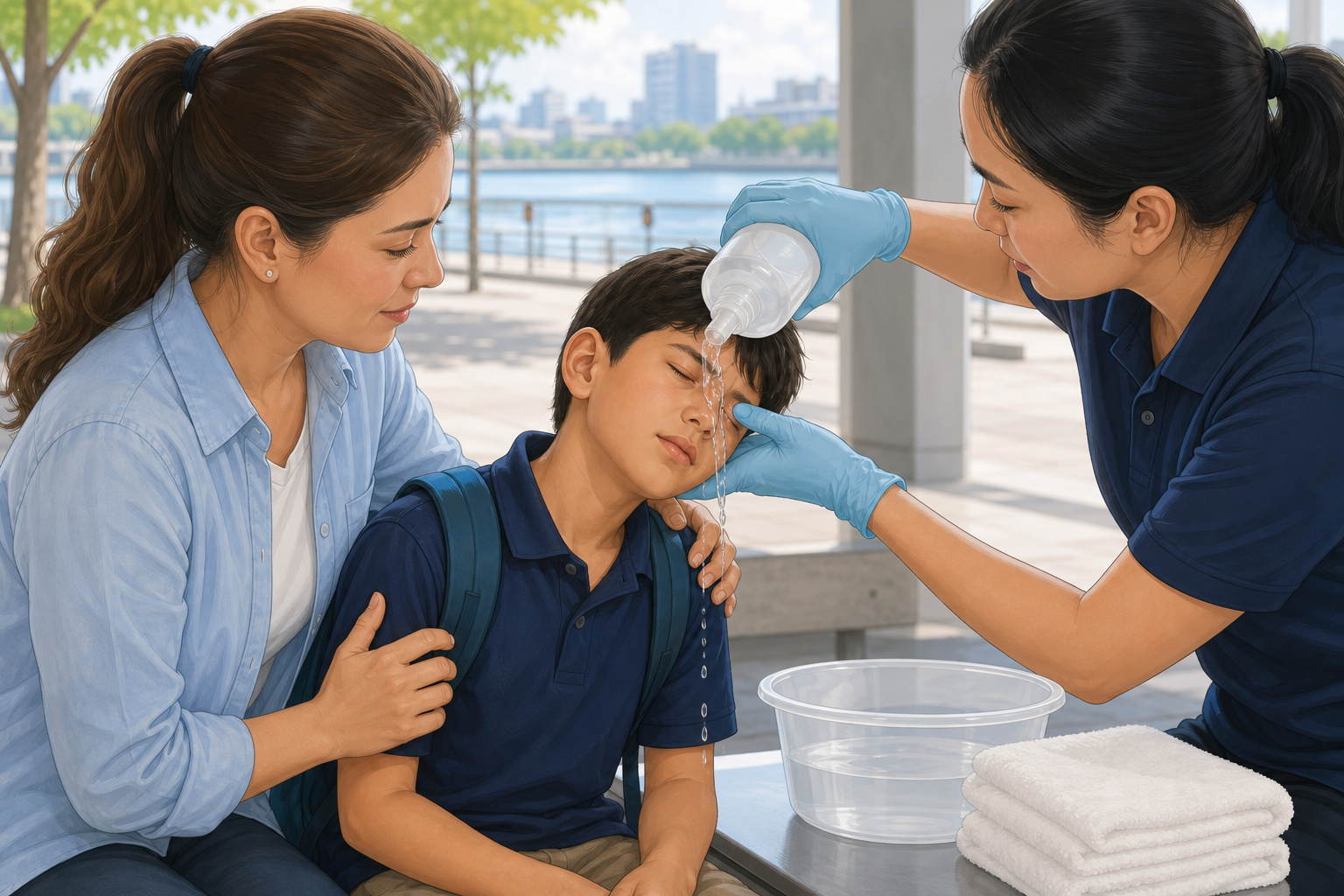A first-aid worker flushes a child's exposed eye with clean water while a caregiver supports the child.
