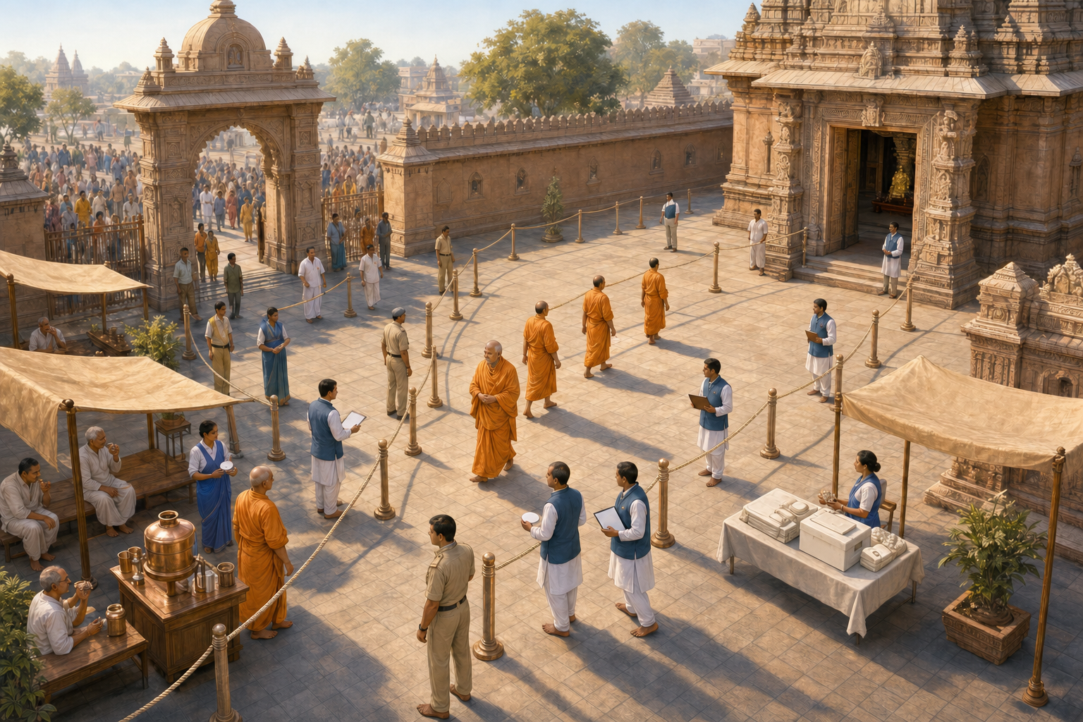 Monks, temple staff, volunteers, and safety personnel rehearse an organized pilgrimage route with separate lanes, shade, water, and first-aid provisions.