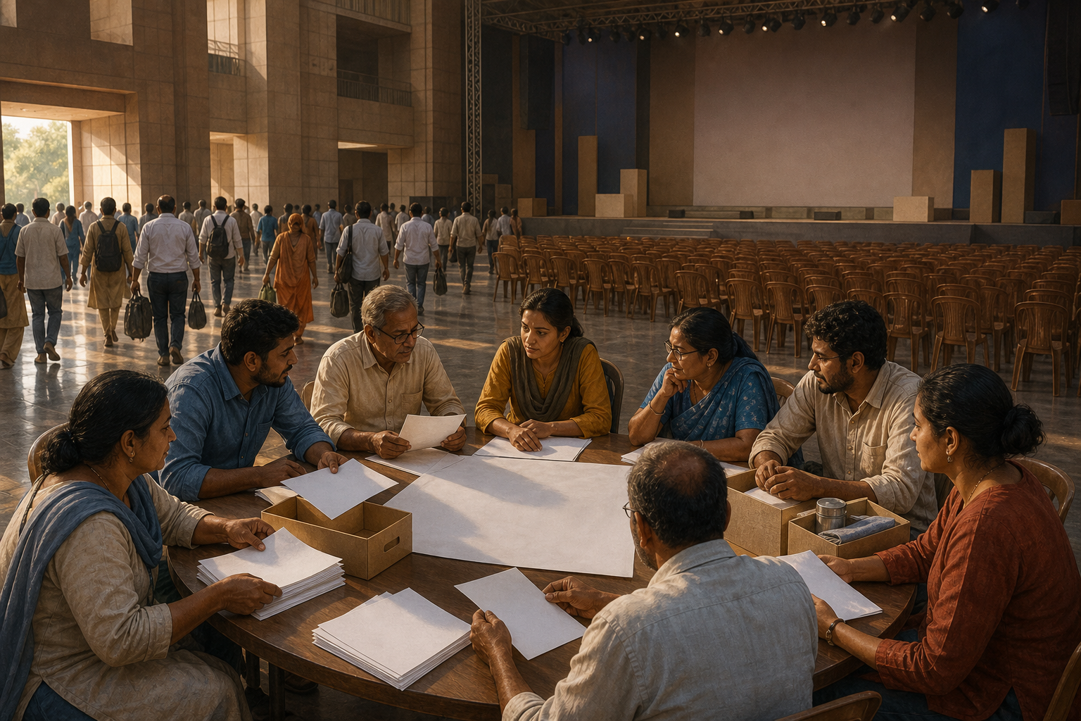 Citizens continue a small round-table discussion and organize supplies as a large convention hall empties behind them.