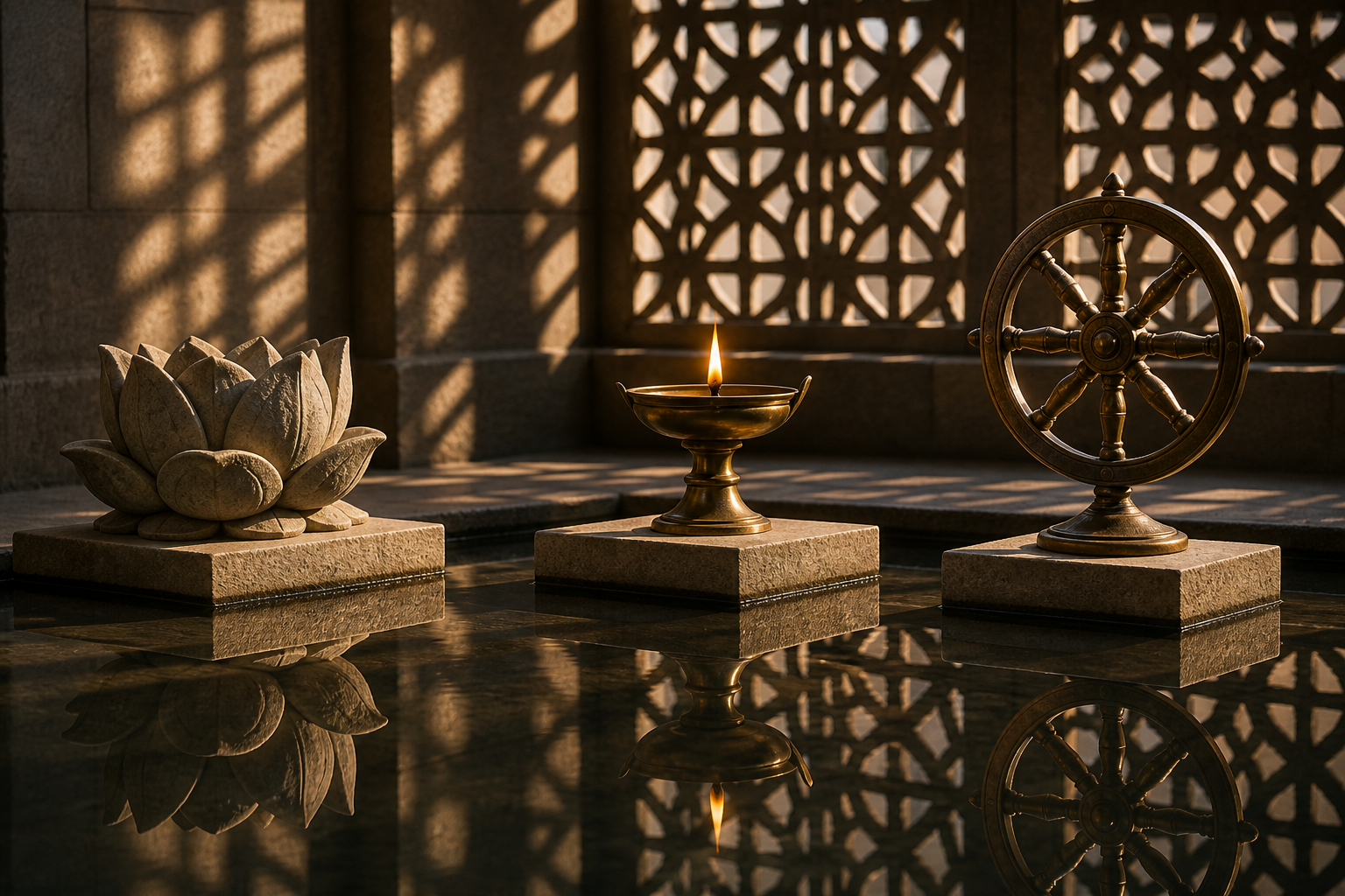 A paired scene shows a practitioner using prayer beads in morning light and offering a lamp at the same altar after sunset.