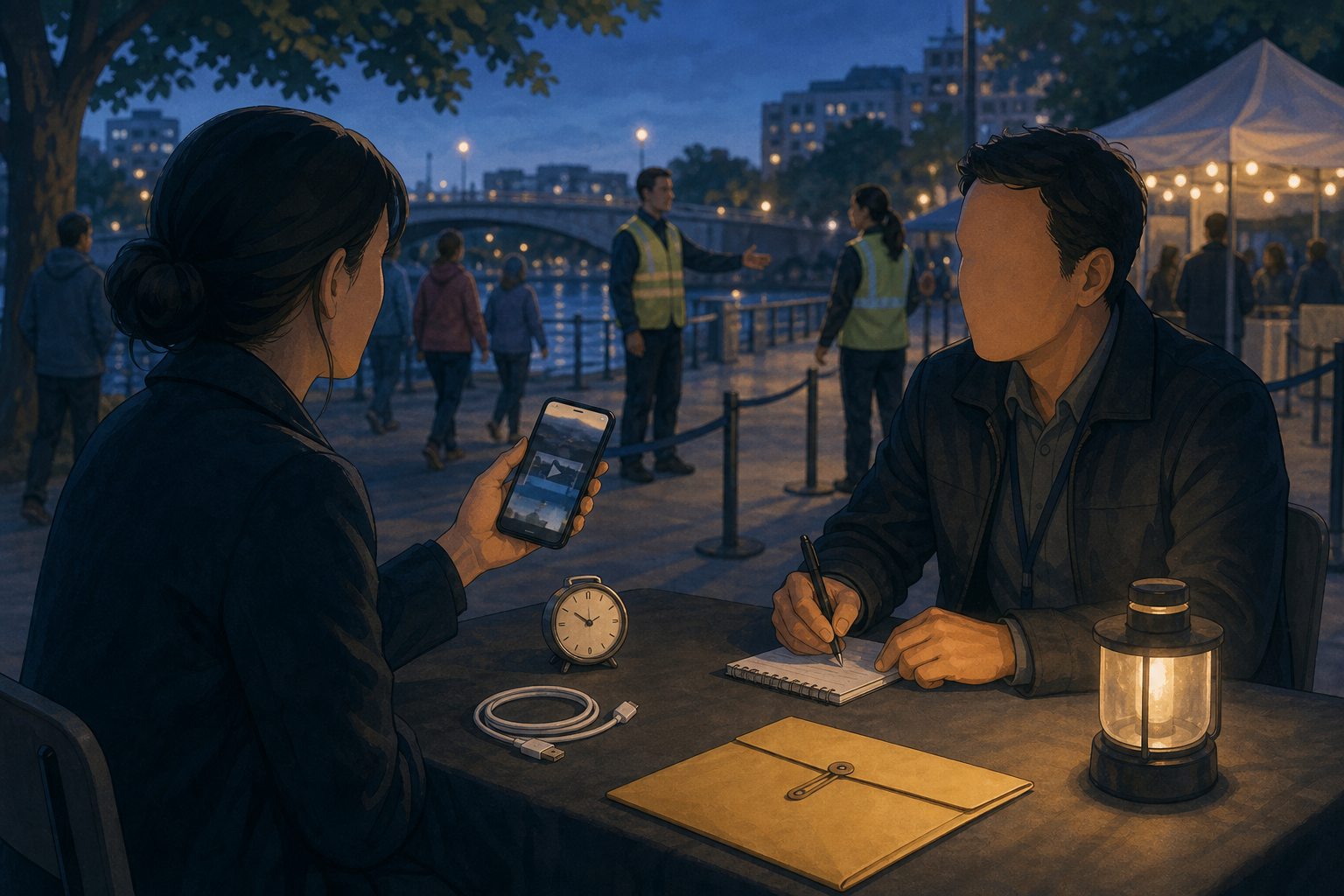 A witness shows an original phone video to an investigator at a table away from a riverside crowd.