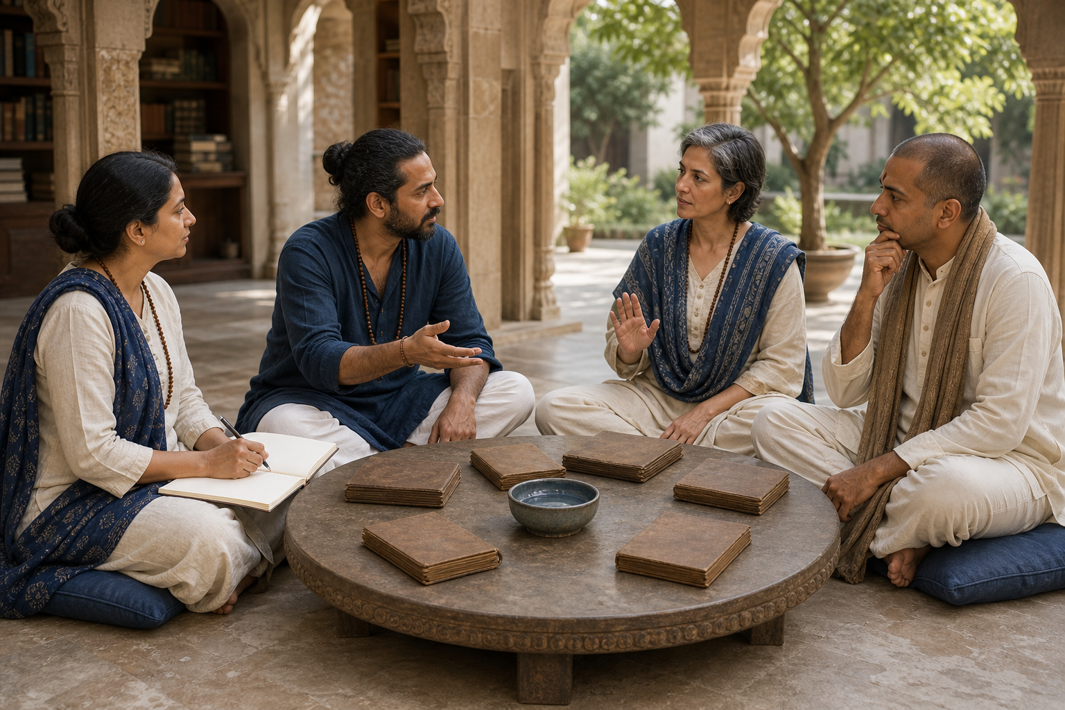 Four practitioners listen and gesture during a calm discussion around a low table with closed manuscript folios and a bowl of water.