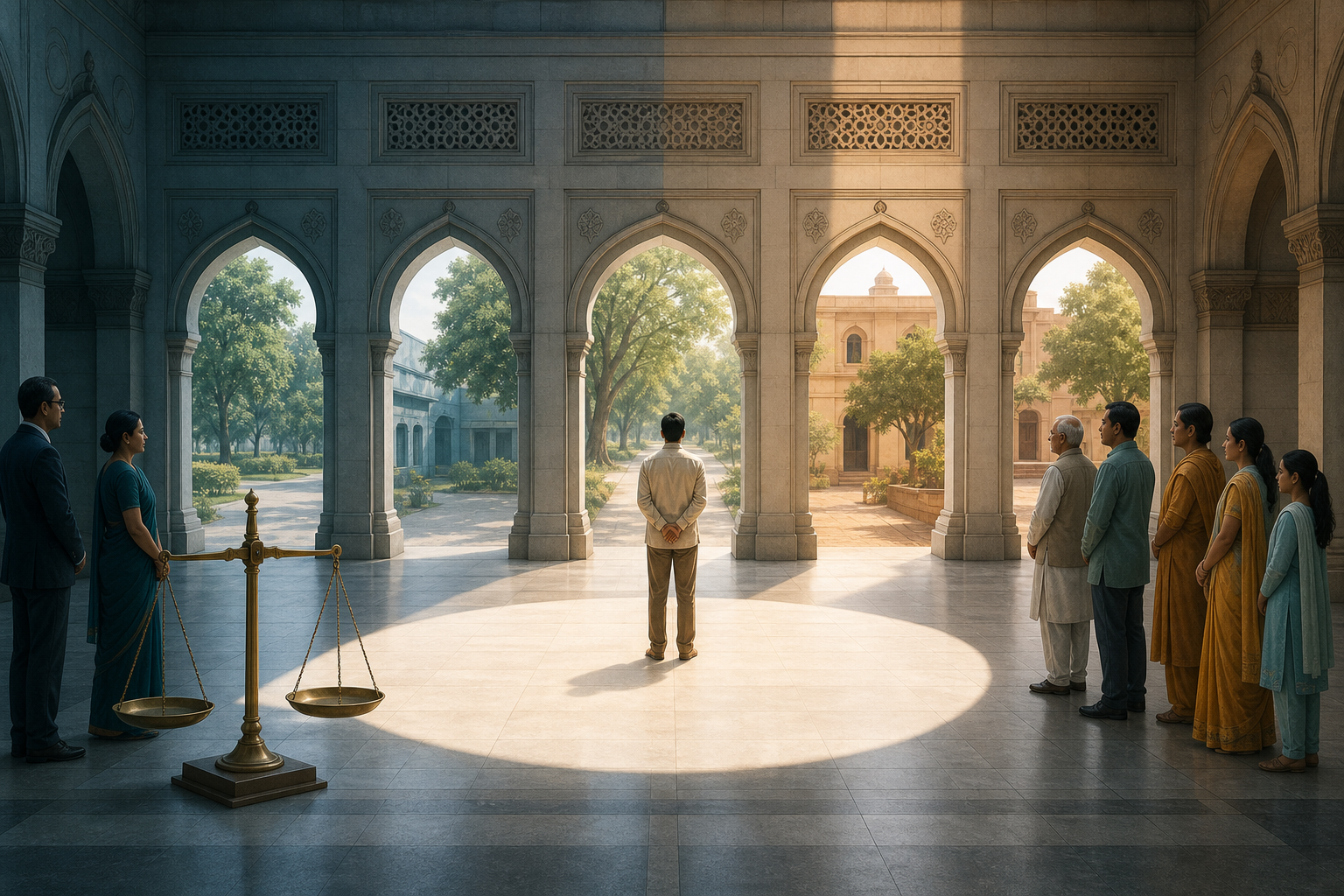 A person stands freely in a circle of light inside a courthouse atrium, with several open archways and balanced scales nearby.