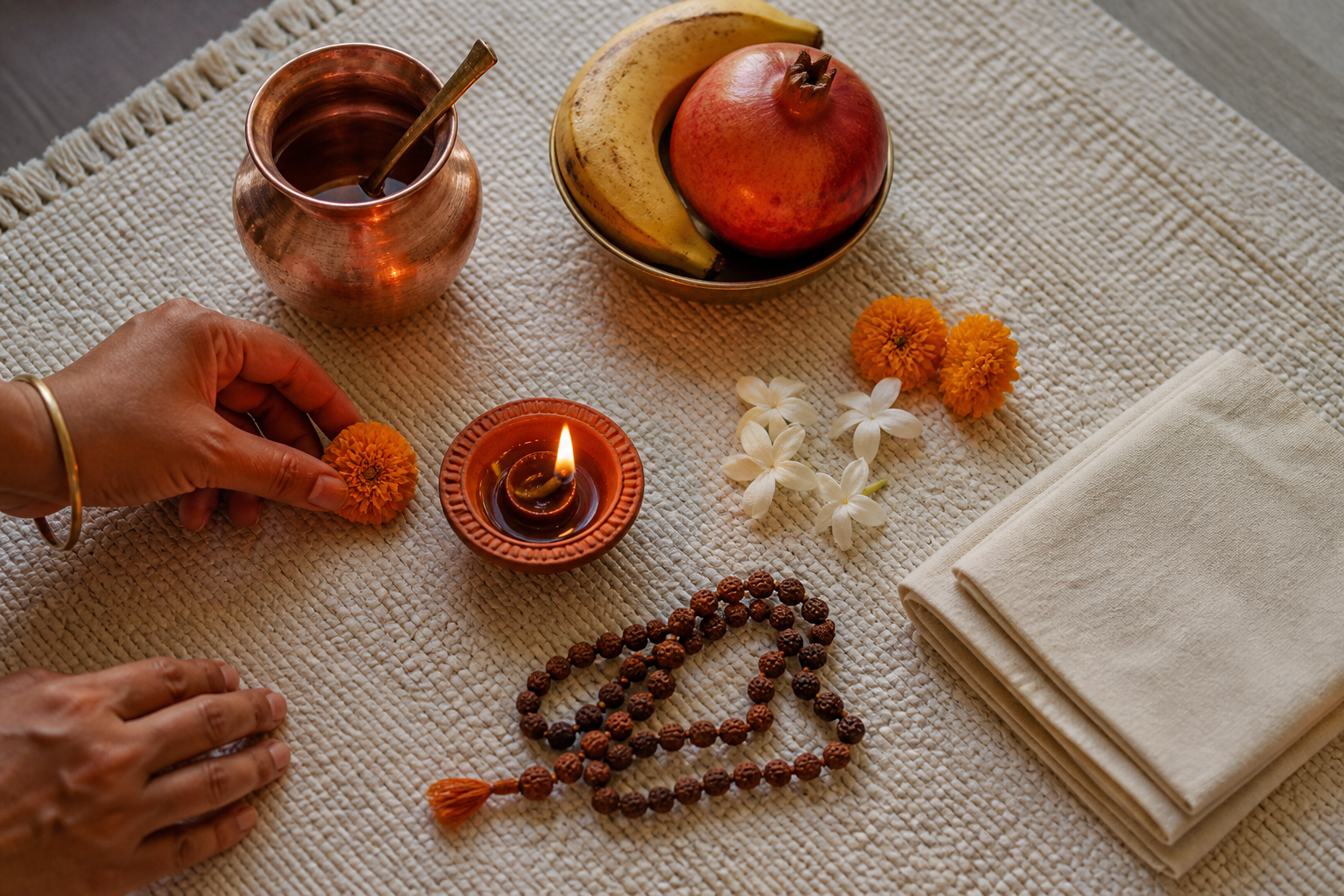 A devotee places a flower beside a clay lamp, copper water vessel, fruit, and prayer beads arranged on a woven mat.