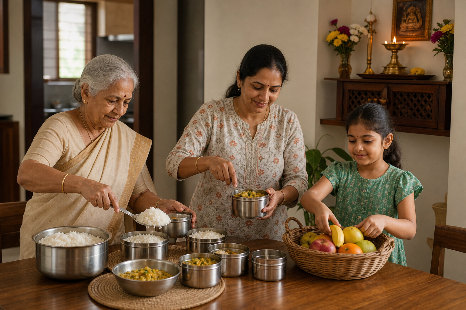 Three generations of a family pack rice and fruit into reusable containers beside a small home prayer shelf.