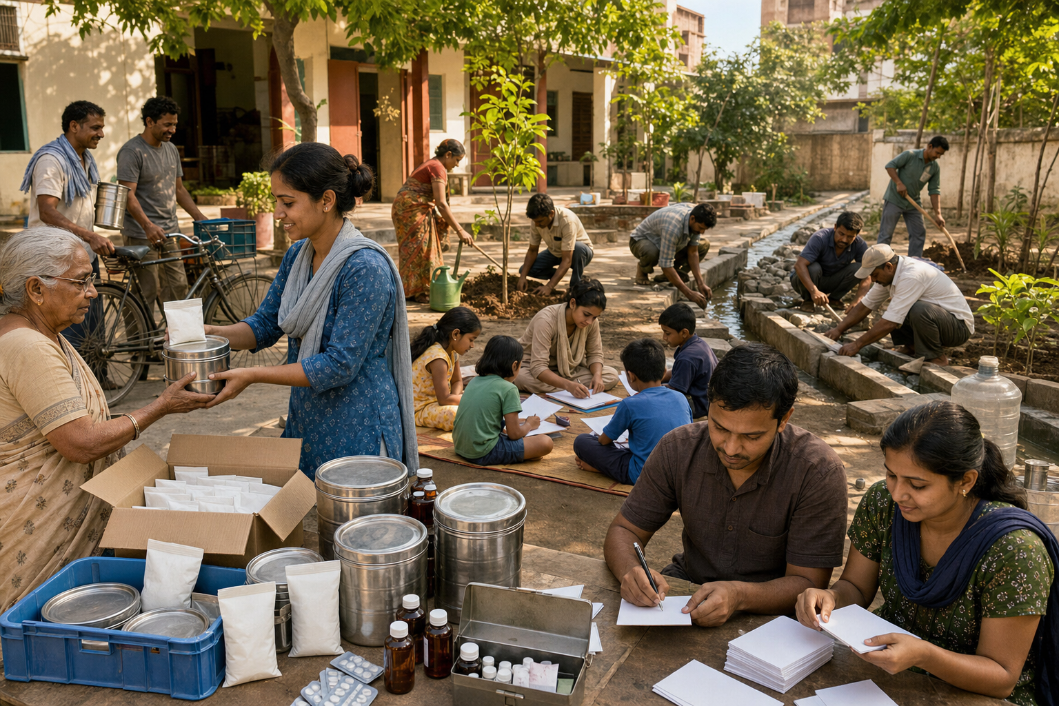 Community volunteers distribute supplies, tutor children, plant trees, and repair a rainwater channel in an Indian neighborhood courtyard.
