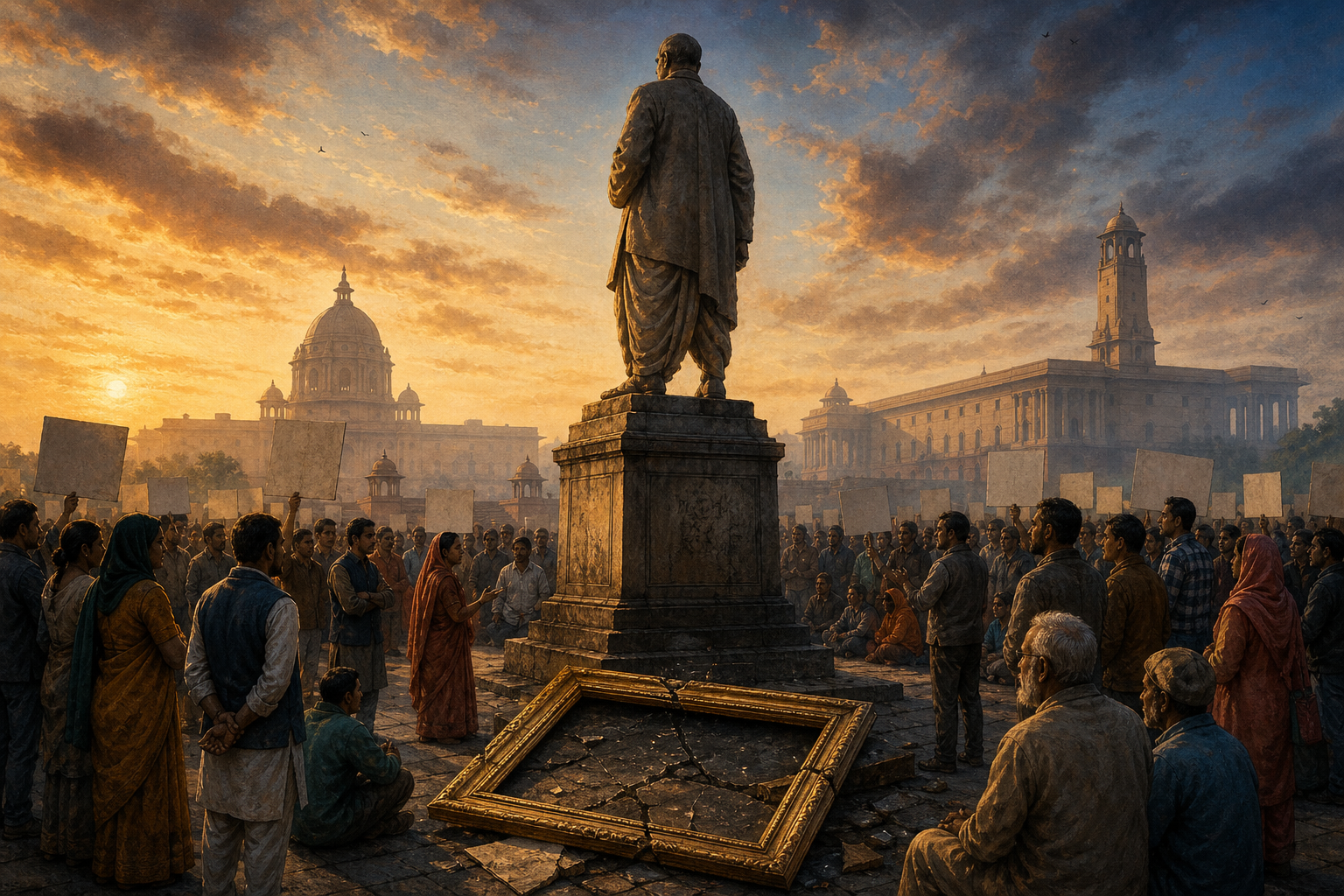 A diverse crowd surrounds a weathered statue of a fictional political leader while a cracked empty frame lies in the foreground.
