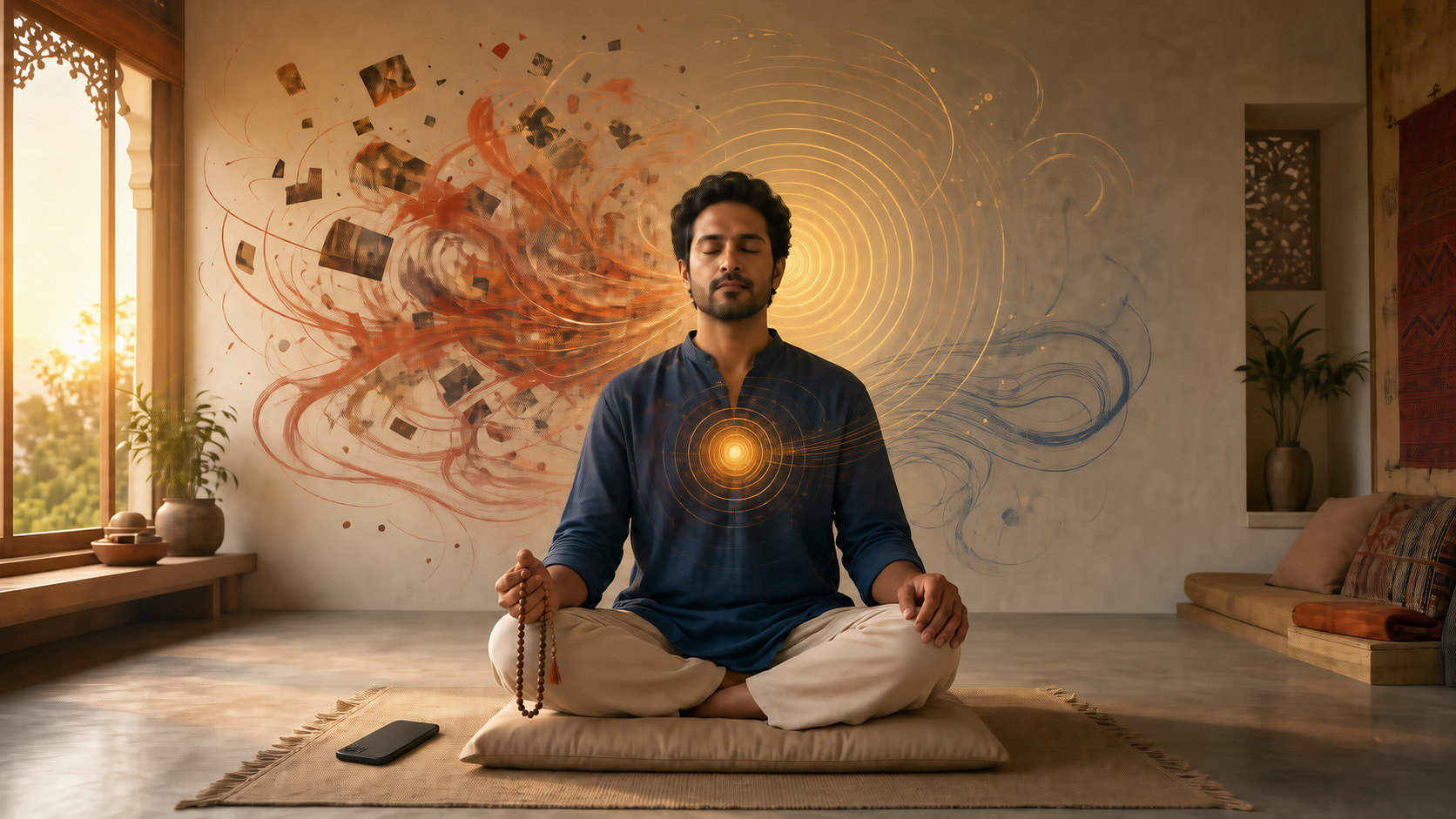 A practitioner holding prayer beads meditates at dawn while restless colored currents around the head and heart settle into calm concentric patterns.