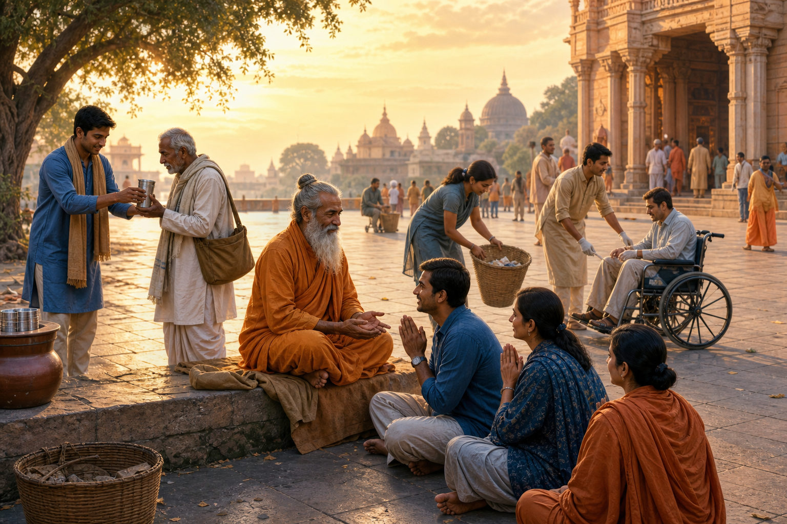 Citizens respectfully greet an elderly sadhu while volunteers provide water, assist a visitor, and clean a public plaza near a sacred gathering.