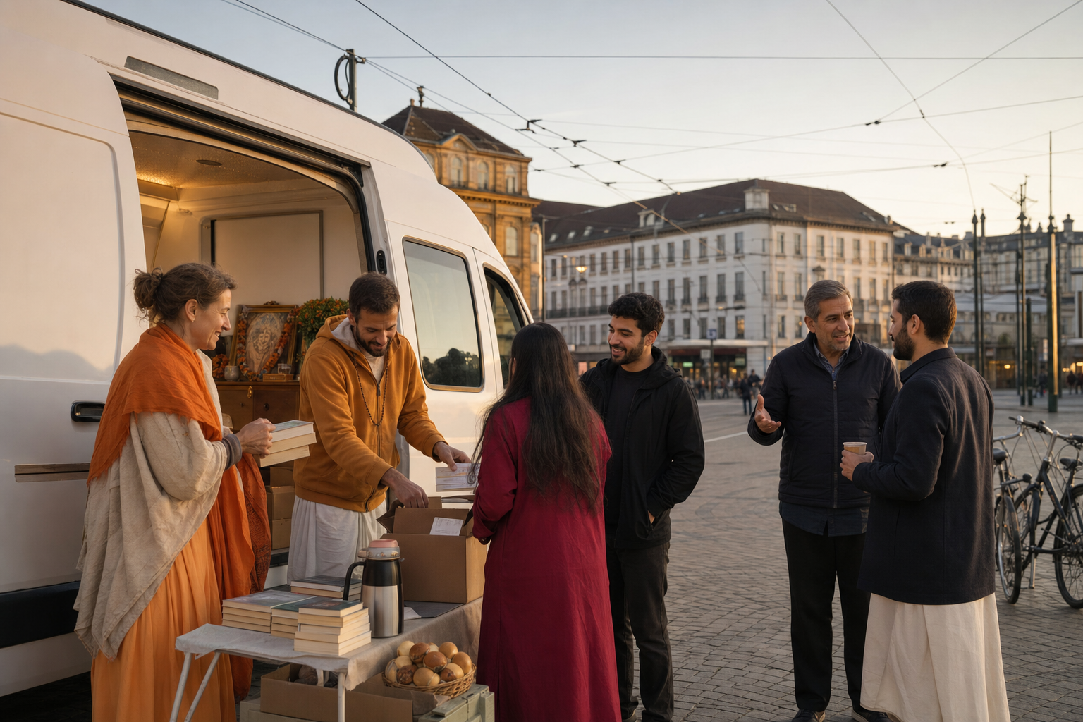 A volunteer team beside an unbranded outreach van speaks with Arabic- and Persian-speaking adults in a European city square.
