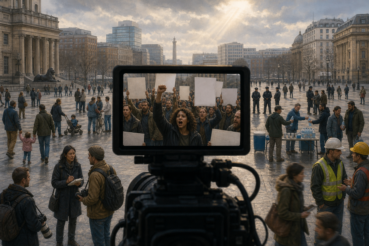 A camera viewfinder isolates a small group of demonstrators while a wider civic square shows families, observers, police, volunteers, and passersby.