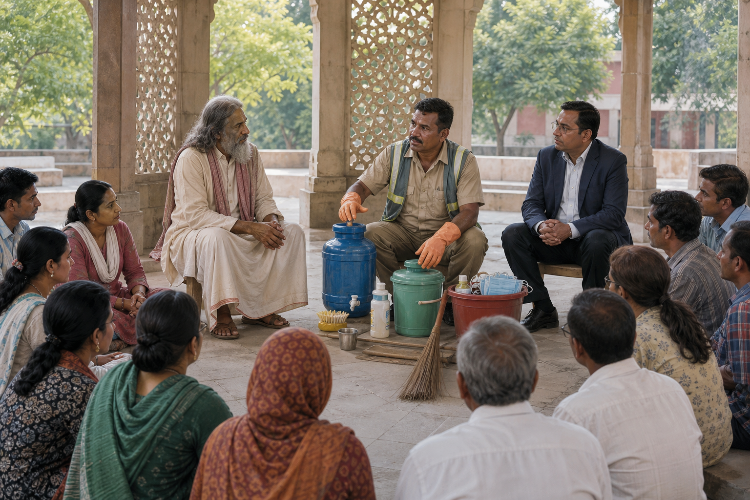 Community members listen respectfully to a spiritual teacher, a sanitation supervisor, and a public official while considering their public conduct.