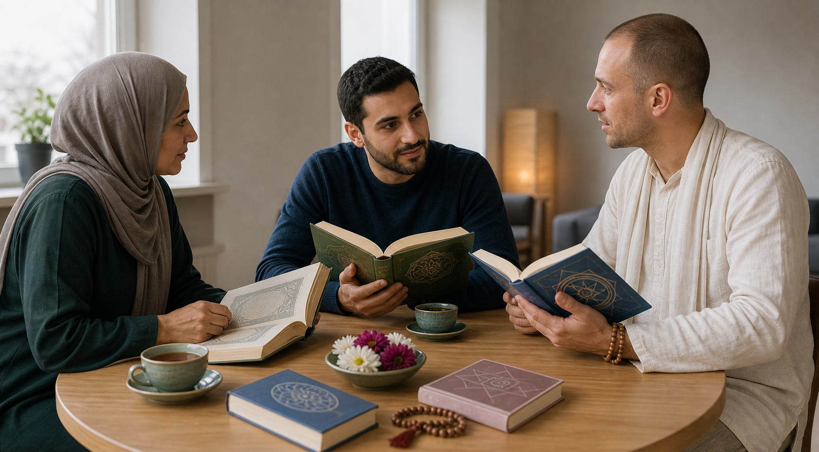 Three adults discuss translated spiritual books around a table in a European community center.