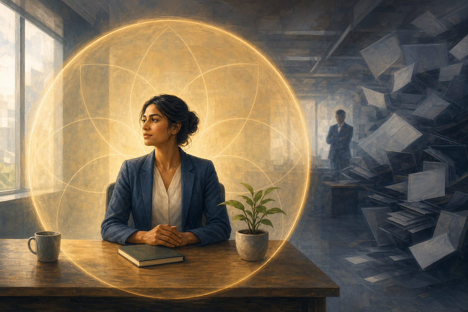 A professional sits at an office desk within a circle of warm light while angular shadows and a blurred figure remain outside the boundary.