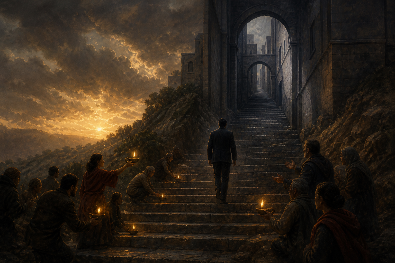 A fictional political leader climbs a narrowing stone stairway from a storm-lit hillside toward shadowed institutional arches.