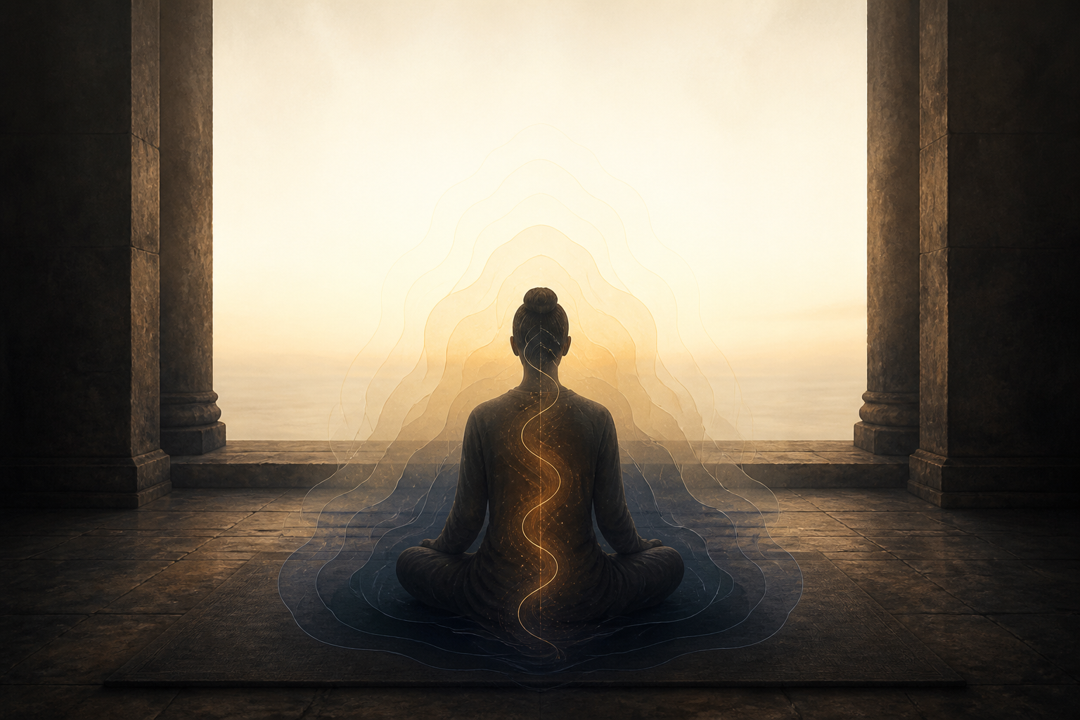 A seated figure is surrounded by translucent layers as a subtle golden current rises through the body's center into a spacious field of pale light.